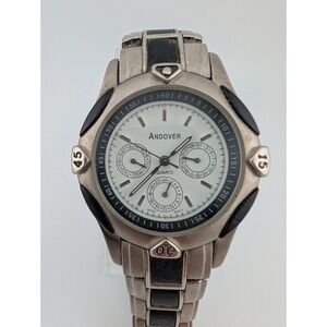 Andover Watch Men 40mm Case Black & Silver‎ 6.75" Band- New Battery